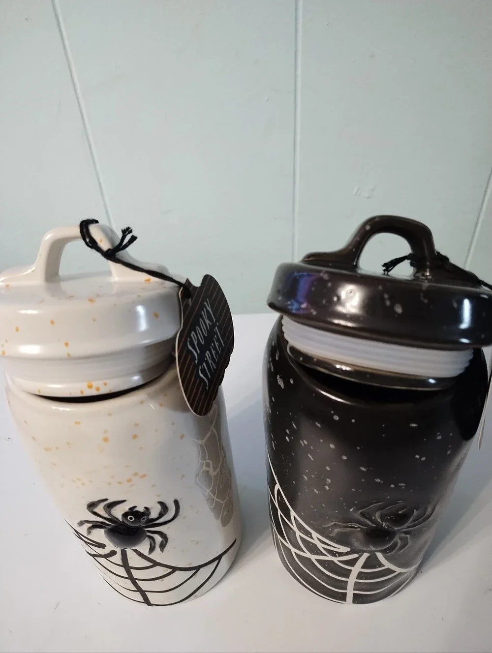 NWT (2) Global Home Spider Canisters - White and Black Ceramic Home Accent